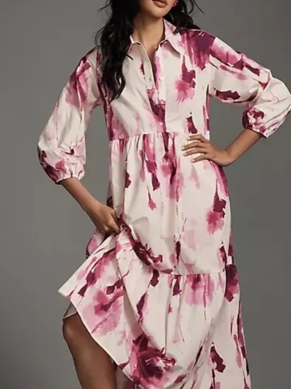 Anthropologie Maeve Bettina Pink Watercolor Tiered Midi Dress